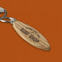 'Support Your Local Surfshop' Oak Surfboard Keyring, thumbnail 1 of 2