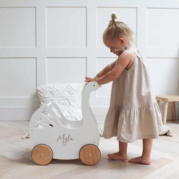 Personalised Kids Swan Wooden Push Along Toy Pram, 7 of 12