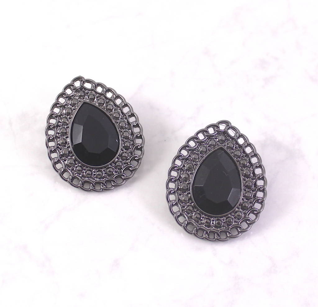 statement black gem teardrop stud earrings by lucy loves neko