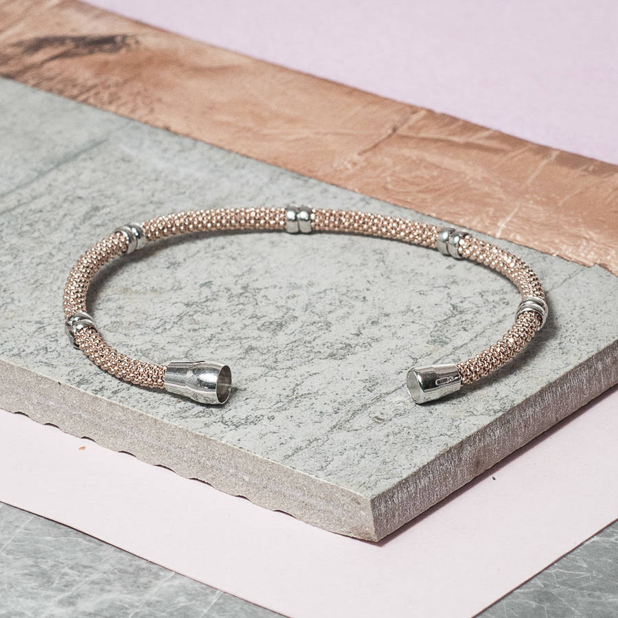 Rose Gold Diamond Cut Bracelet With Silver Bars By Loel & Co. Rose Gold Diamond Cut Bracelet With Silver Bars By Loel & Co.