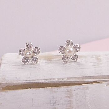Sterling Silver Pearl Blossom Stud Earrings, 2 of 3