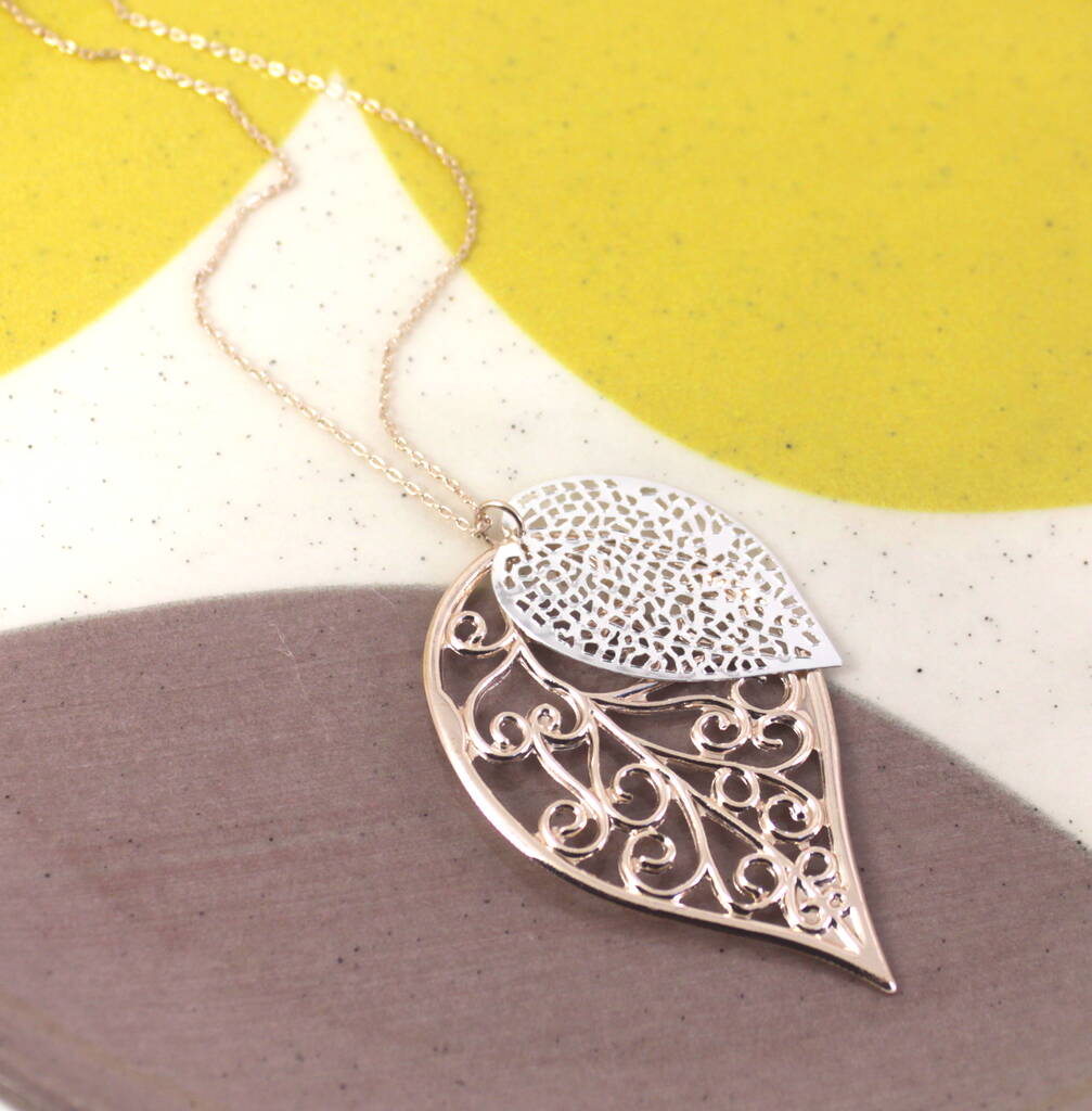 Double Leaf Pendant Necklace By Lucy Loves Neko
