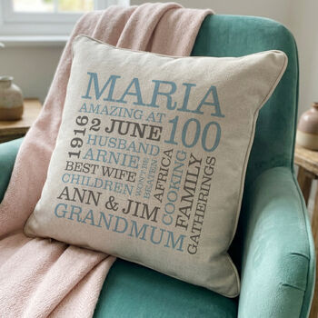 Personalised 100th Birthday Word Art Cushion, 3 of 8