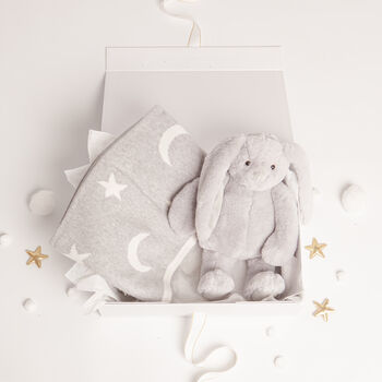 Grey Bunny Toy And Star Moon Blanket Baby Gift Set, 3 of 5