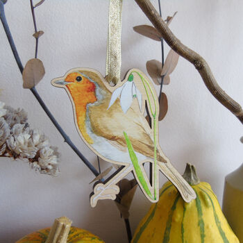 Robin And Snowdrop Wooden Hanging Decoration, 6 of 11