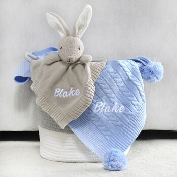 Personalised Bunny Comforter And Cable Blanket Blue, 4 of 9
