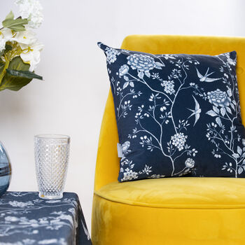 Luxury Soft Velvet Cushion Swallow Birds Flowers Blue, 4 of 6