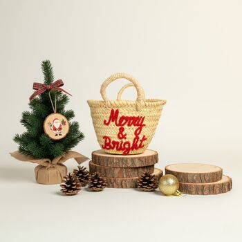 Handmade Christmas Mini Straw 'Merry And Bright' Basket, 2 of 6