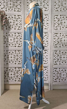 Ladies Luxury Bamboo Silk Kimono Robe Crane Bird Dusk Blue, 5 of 9