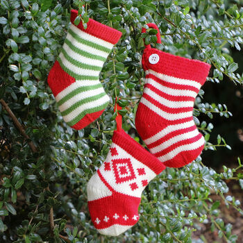 Three Mini Knitted Christmas Stocking Baubles, 3 of 4