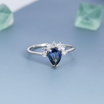 Pear Cut Sapphire Blue Cz Crown Ring In Sterling Silver, 3 of 12