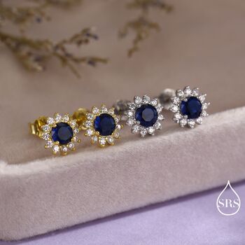 Sapphire Cz Flower Stud Earrings In Sterling Silver, 7 of 12