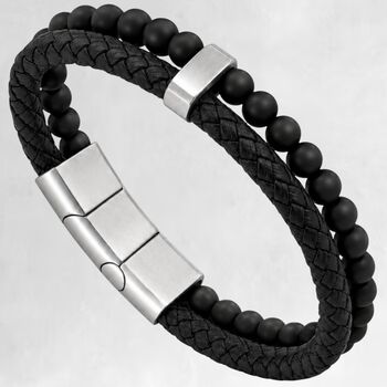 Men’s Adjustable Black Double Leather And Bead Bracelet – 12mm Woven Design With Silver Stainless Steel Clasp, 4 of 7