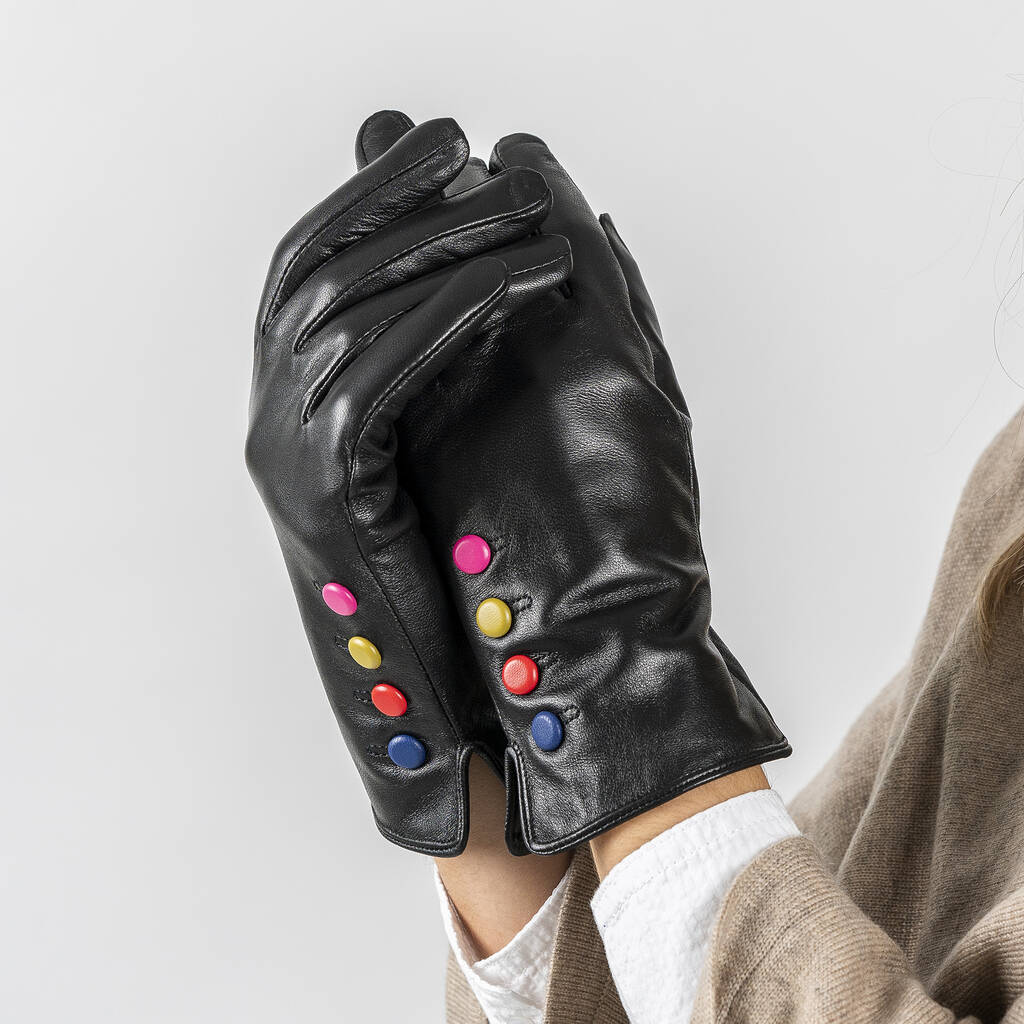 Black Leather Lined Gloves With Button Detail, 1 of 10
