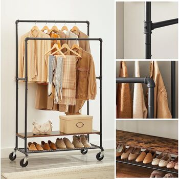 Double Clothes Rail Clothes Rack Hanging Rail On Wheels, 5 of 9