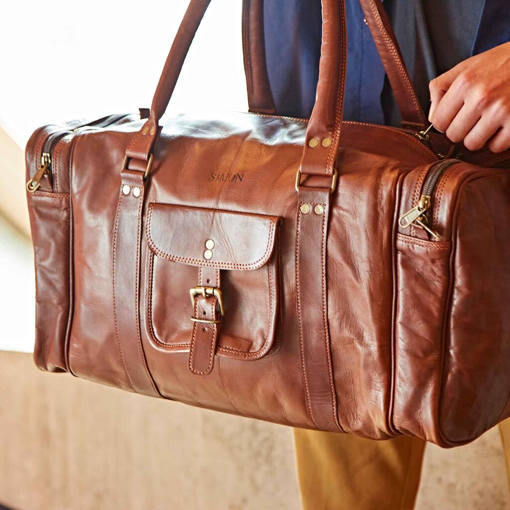 Personalised Brown Leather Holdall With Zipped Pockets, 1 of 11