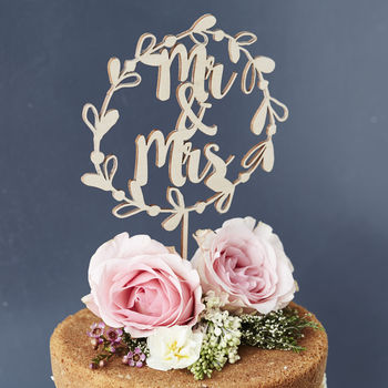 Mr And Mrs Floral Wreath Wooden Wedding Cake Topper, 5 of 5