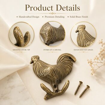 Vintage Brass Rooster Wall Hooks Set Of Two, 7 of 9