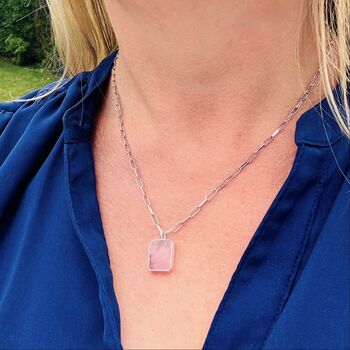 The Rectangle Rose Quartz Necklace, Silver, 2 of 9