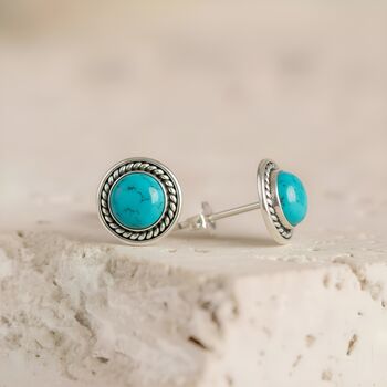 Sterling Silver Turquoise Rope Bezel Stud Earrings 11mm, 2 of 3