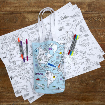 World Map Tote Bag Kit + 10 Pens, Colour And Carry, 3 of 3