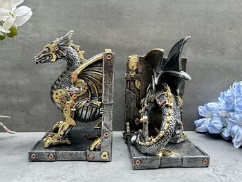 Pair Of Steampunk Dragon Bookends – Silver And Gold Retro, 5 of 12