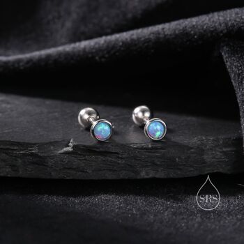 Tiny Blue Opal Screw Back Earrings In Sterling Silver, 6 of 10