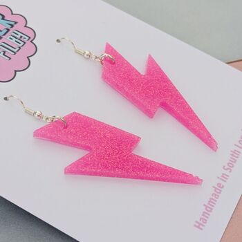 Neon Pink Glitter Lightning Bolt Earrings Small And Large, 2 of 10