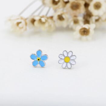 Sterling Silver Mismatched Enamel Daisy And Forget Me Not Flower Stud Earrings, 4 of 12