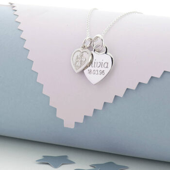 Silver St Christopher Double Heart Charm Necklace With Personalised Photobox, 2 of 6