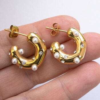 Non Tarnish Chunky Hoop Earrings Inlaid With Pearls, 2 of 7