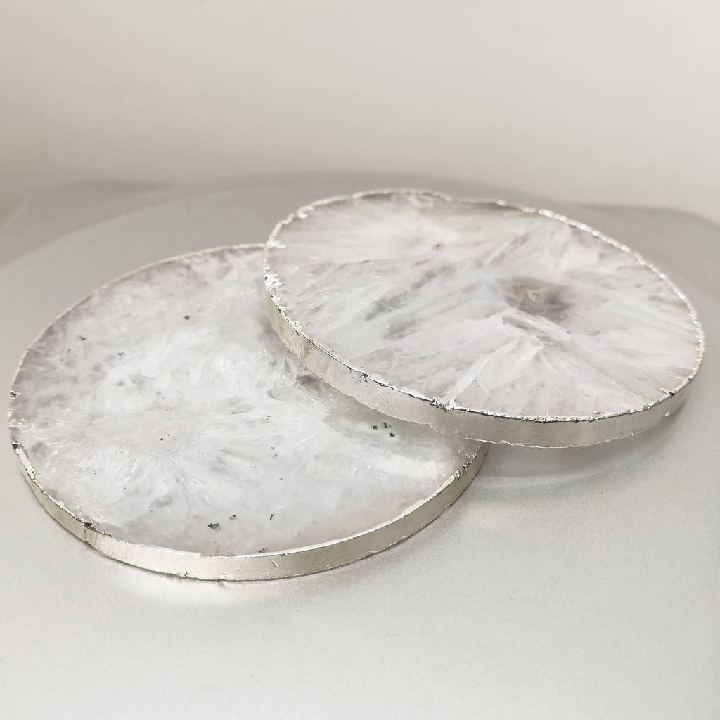 Silver Nikita By Niki ® White Agate Large Round Crystal Coasters Luxury Gift Box Set of 2