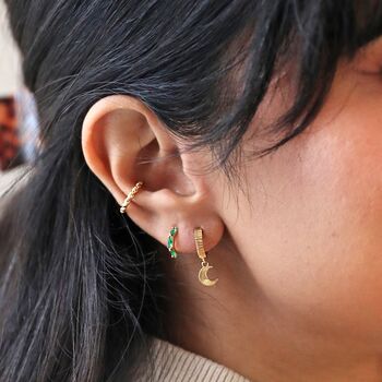 Green Crystal Huggie Hoop Earrings In Gold Plating, 5 of 6
