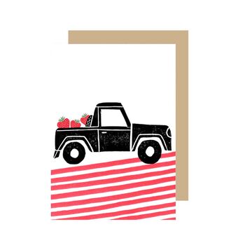 Strawberry Land Rover Lino Greetings Card, 2 of 2