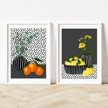 Oranges And Lemons Against A Spotty Background, 3 of 12