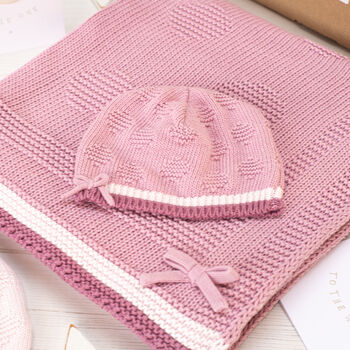 Girls Spot And Bow Pale Pink Baby Blanket And Hat Set, 3 of 11