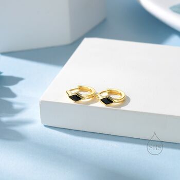 Tiny Rhombus Onyx Black Cz Huggie Hoop In Sterling Silver, 3 of 12