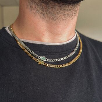 Silver Moss Agate Gemstone 5mm Cuban Necklace Chain For Men, 6 of 10