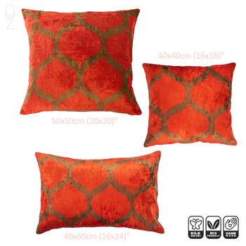 Ikat Silk Velvet Decorative Pillow Covers with Orange & Brown Colours, Front side is 100% retailer Traditional Silk Velvet, Back side is Soft Fabrics