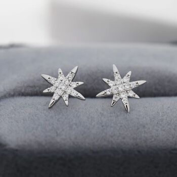 Sparkly Cz Starburst Stud Earrings In Sterling Silver, 6 of 11