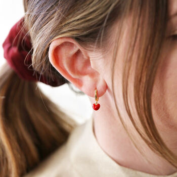 Red Enamel Heart Charm Huggie Hoop Earrings, 6 of 9