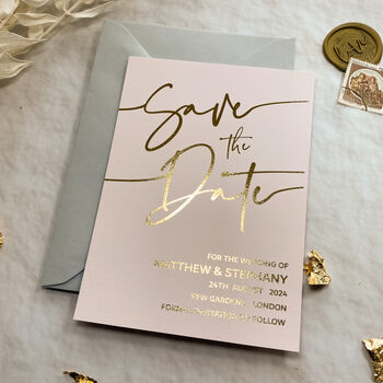 Save The Date Card In Pink And Gold Foil, 5 of 7