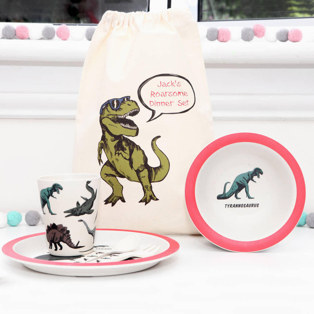 Dinosaur Dinner Set With Personalised Bag, 1 of 4