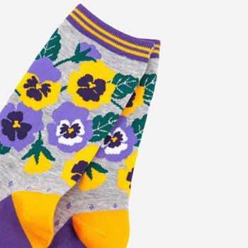 Women's Bamboo Socks Grey Purple Pansy, 3 of 4