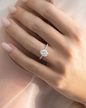 Two Ct Oval Solitaire Moissanite Engagement Ring With Pavé Band, 5 of 9