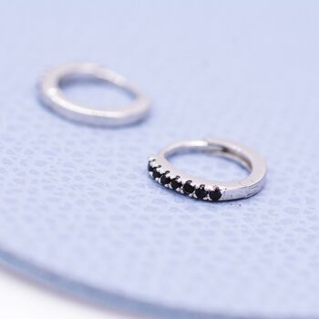 Sterling Silver Skinny Huggie Hoop Earrings With Black Cz Crystals, 5 of 12