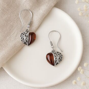 Sterling Silver Baltic Amber Filigree Heart Drop Earrings, 4 of 5