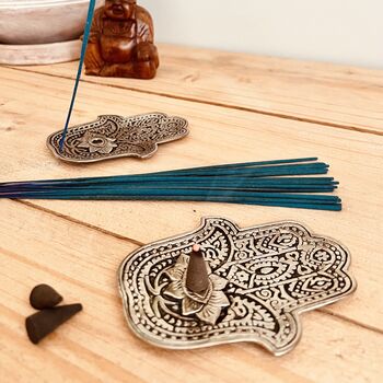 Silver Hamsa Hand Metal Incense Stick And Cone Holder, 6 of 6