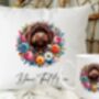 Personalised Chocolate Cockapoo Summer Floral Dog Wreath Cushion And Mug Gift Bundle, thumbnail 1 of 4