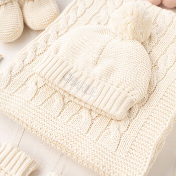 First Birthday Personalised Bobble Hat And Mittens Set, 6 of 12